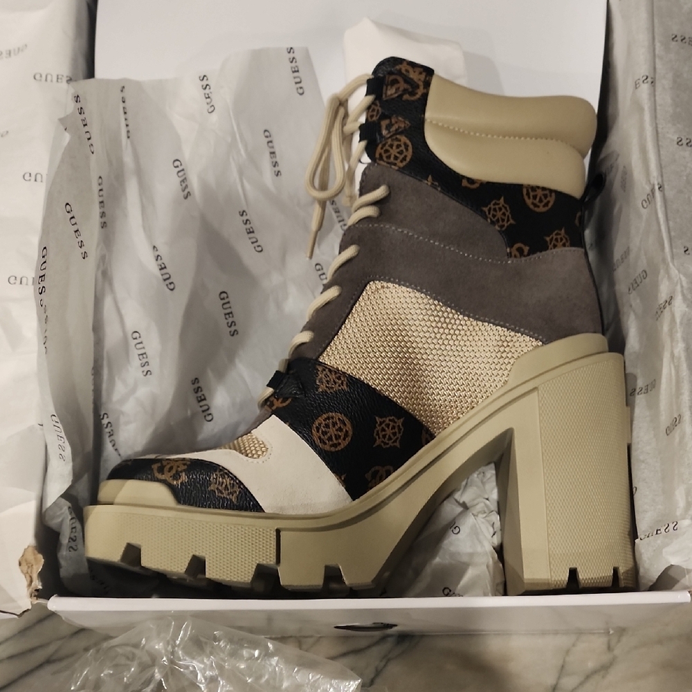 Guess Women's Cream and Gray Lace-Up Boots